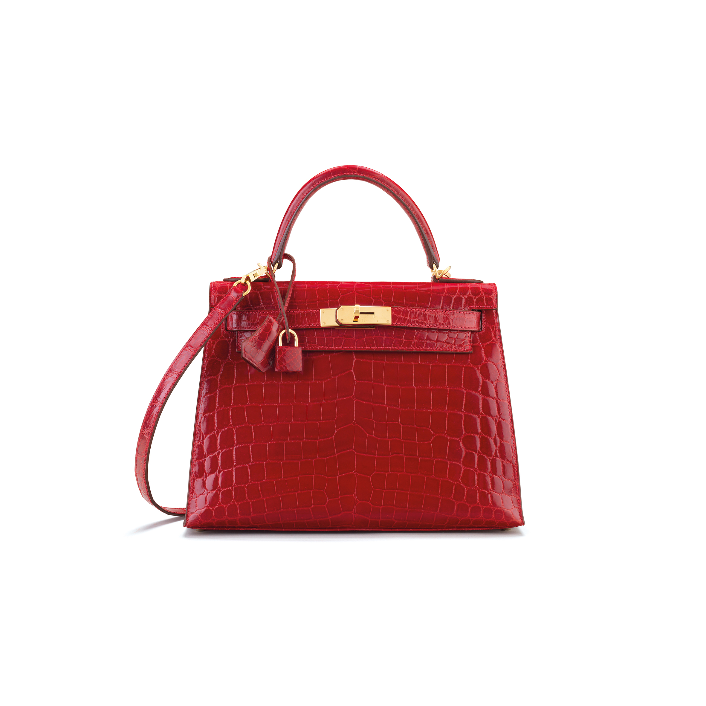 HERMÈS MASTER SHINY CHINESE RED ALLIGATOR KELLY 28 WITH GOLD HARDWARE (28*22*10cm) 